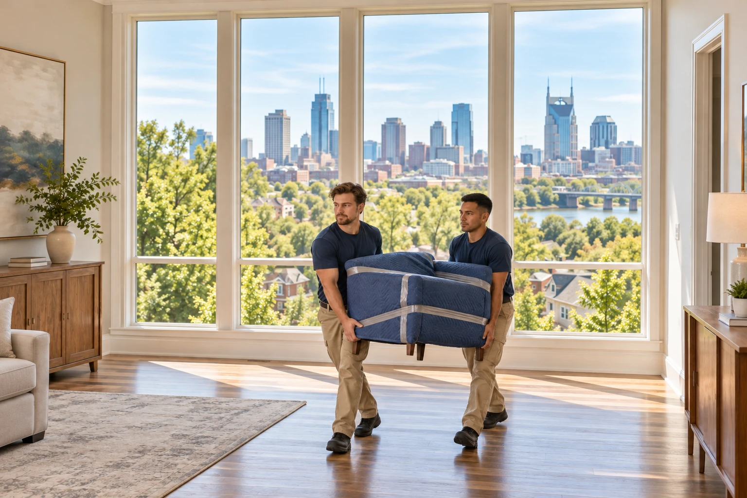 Professional movers carrying protected furniture in Nashville, TN 37013 Professional movers carrying protected furniture in Nashville, TN 37013